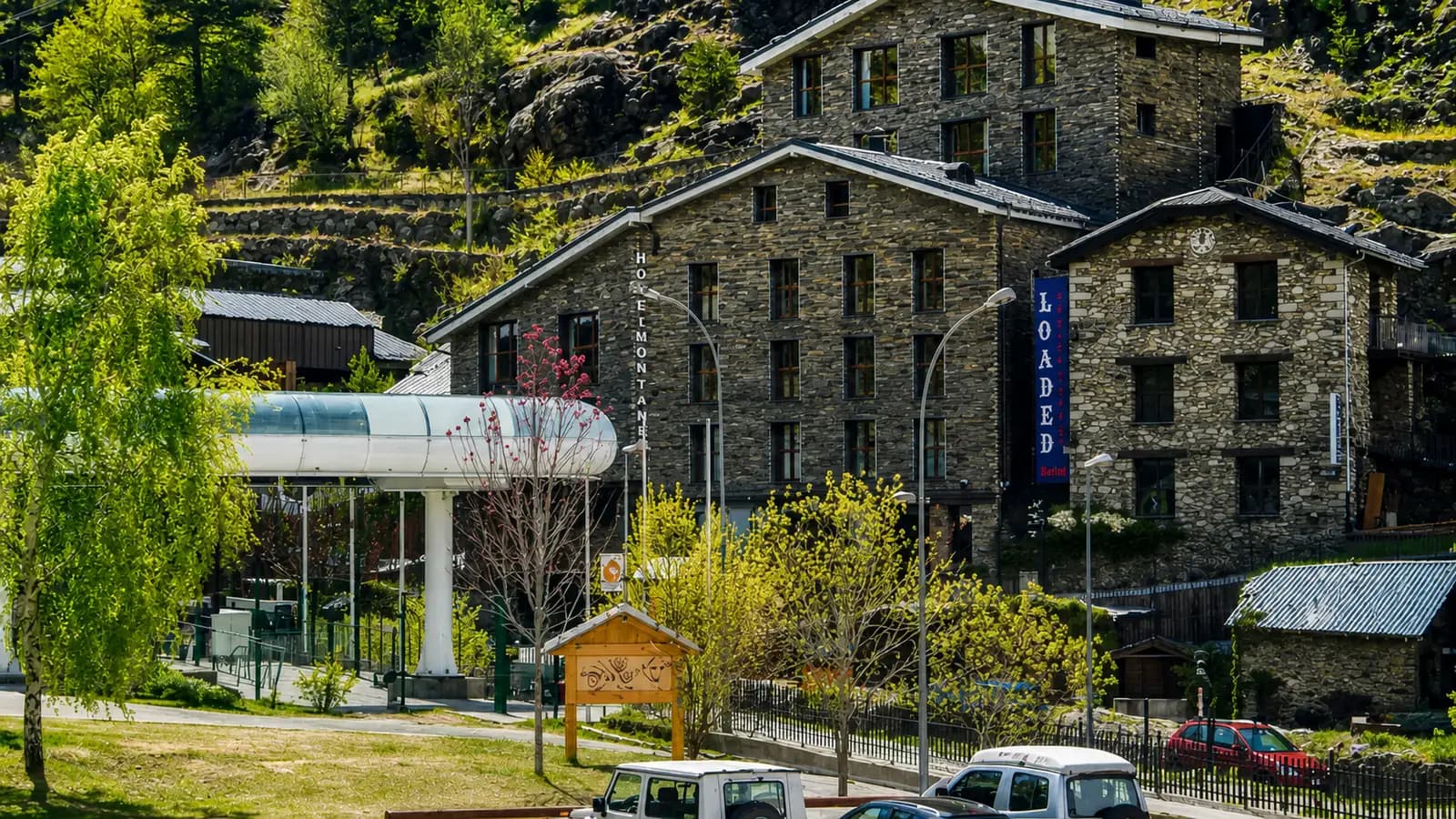 Hotel Montané beside the Arinsal gondola in summer